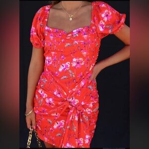 Dee Elly Satin Floral Puff Sleeve Mini Dress